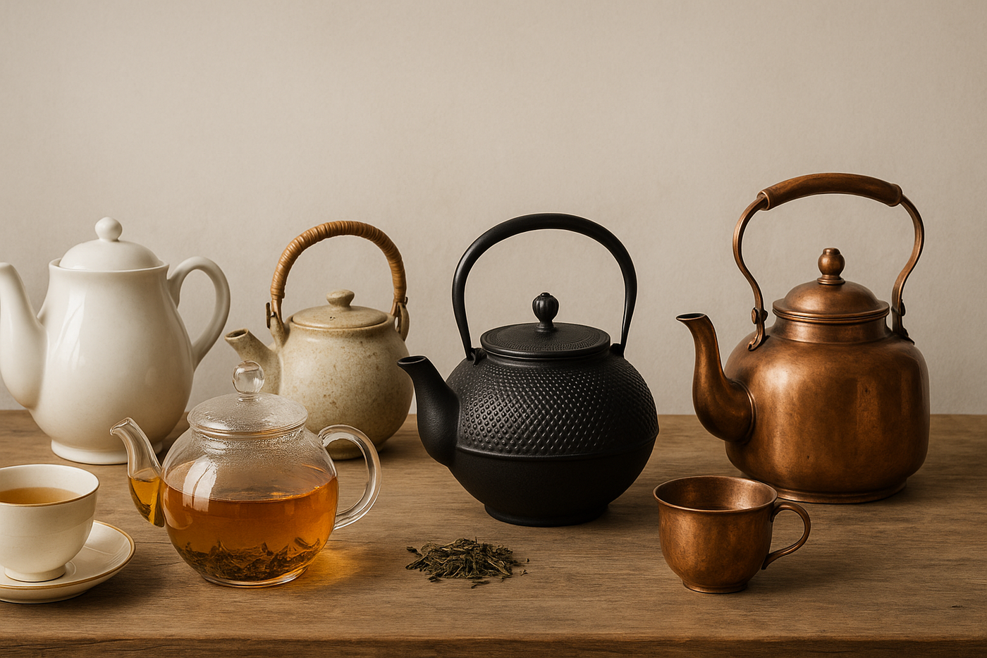 Verschiedene Teekannen aus Porzellan, Glas, Gusseisen und Kupfer auf einem Holztisch mit Teetassen und losem Tee harmonische Szene für Teegenuss